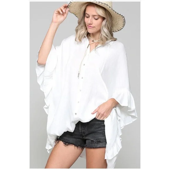 034 solid Oversized Button up Pocket Ruffle Sleeve Blouse - Picture 1 of 7